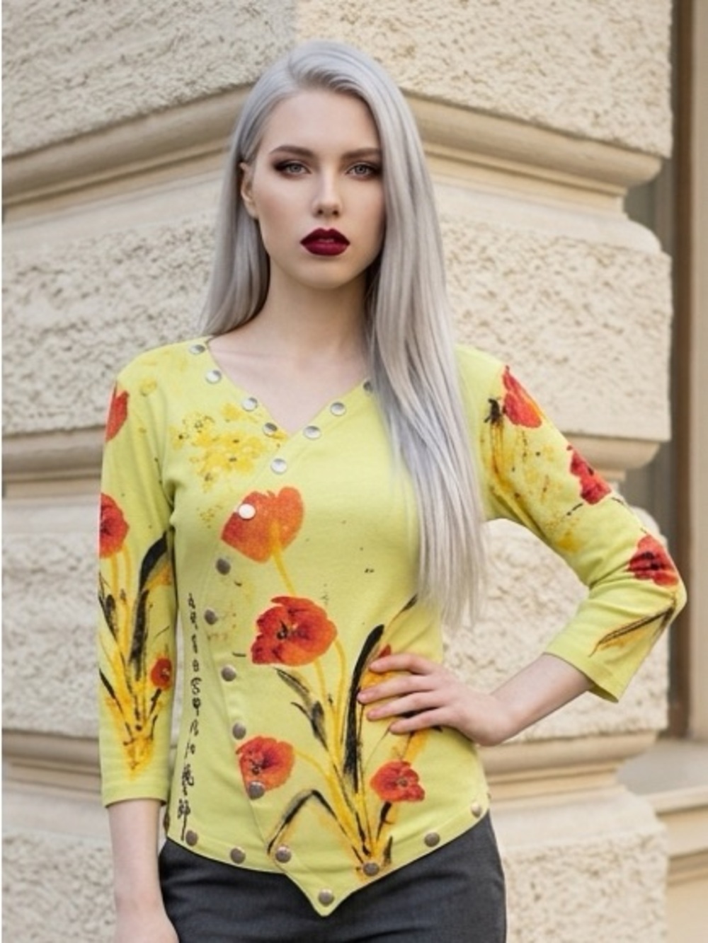 Boho Chic Women’s Casual Yellow Floral Top Small Artsy Button Accent Blouse Sz S
